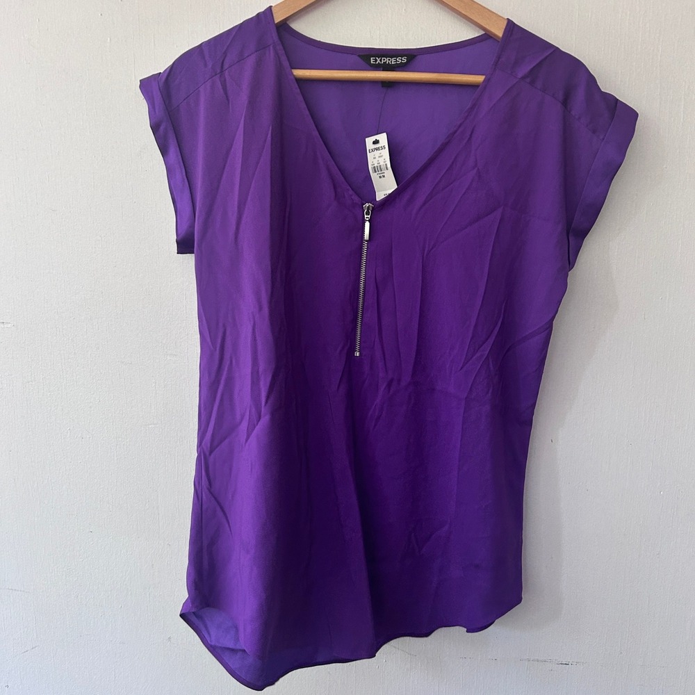 Express Blouse Women Medium Purple Half Zip Short Sleeve Cuffed Y2K NWT Indie